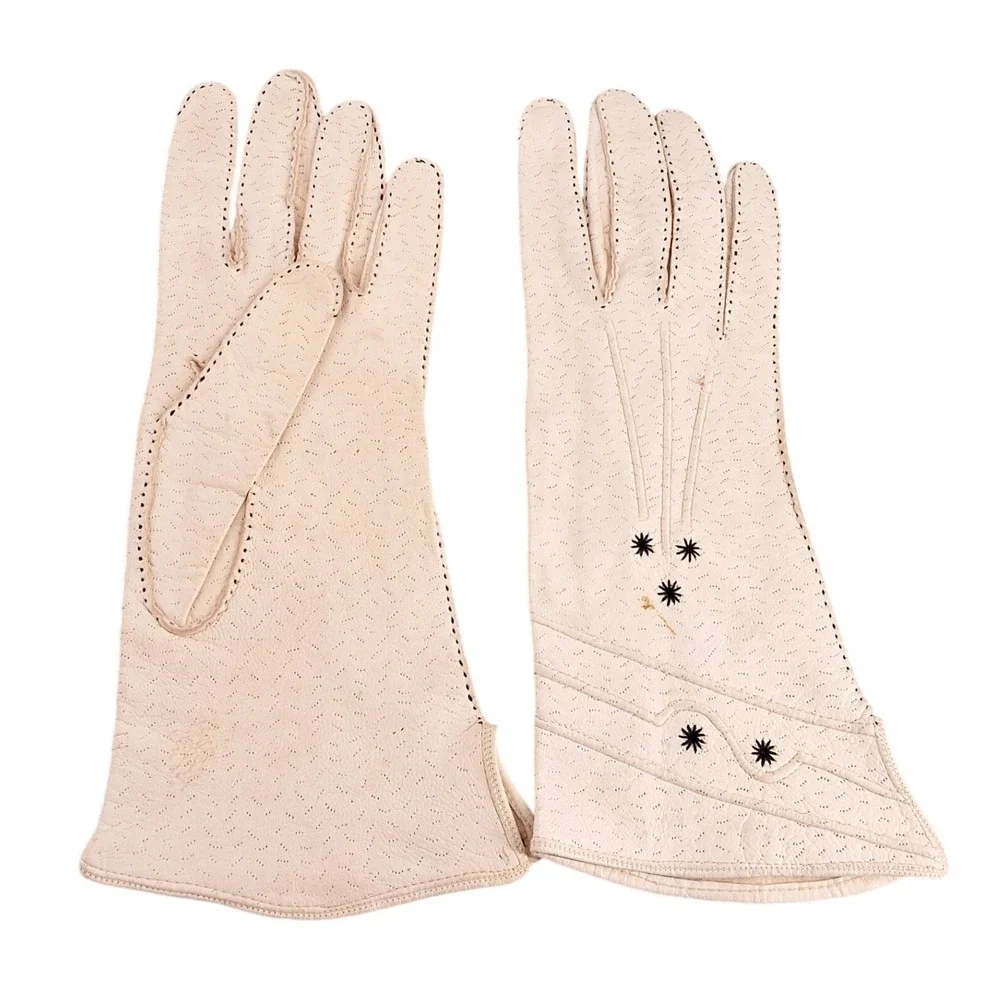 1950s Vintage‎ Cream Leather Gauntlet Gloves Black Starburst Embroidery